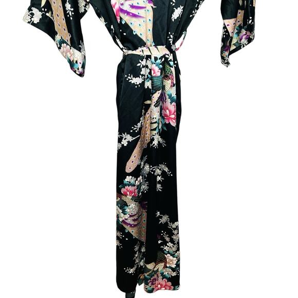 Kim + Ono Kimono Silky Maxi Robe Womens Floral Exotic Peacock Leisure Loungewear - Picture 9 of 16
